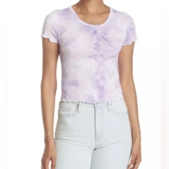 NORDSTROM abound NEW purple tie-Dye short sleeve lettuce hem button top - large - Picture 1 of 3